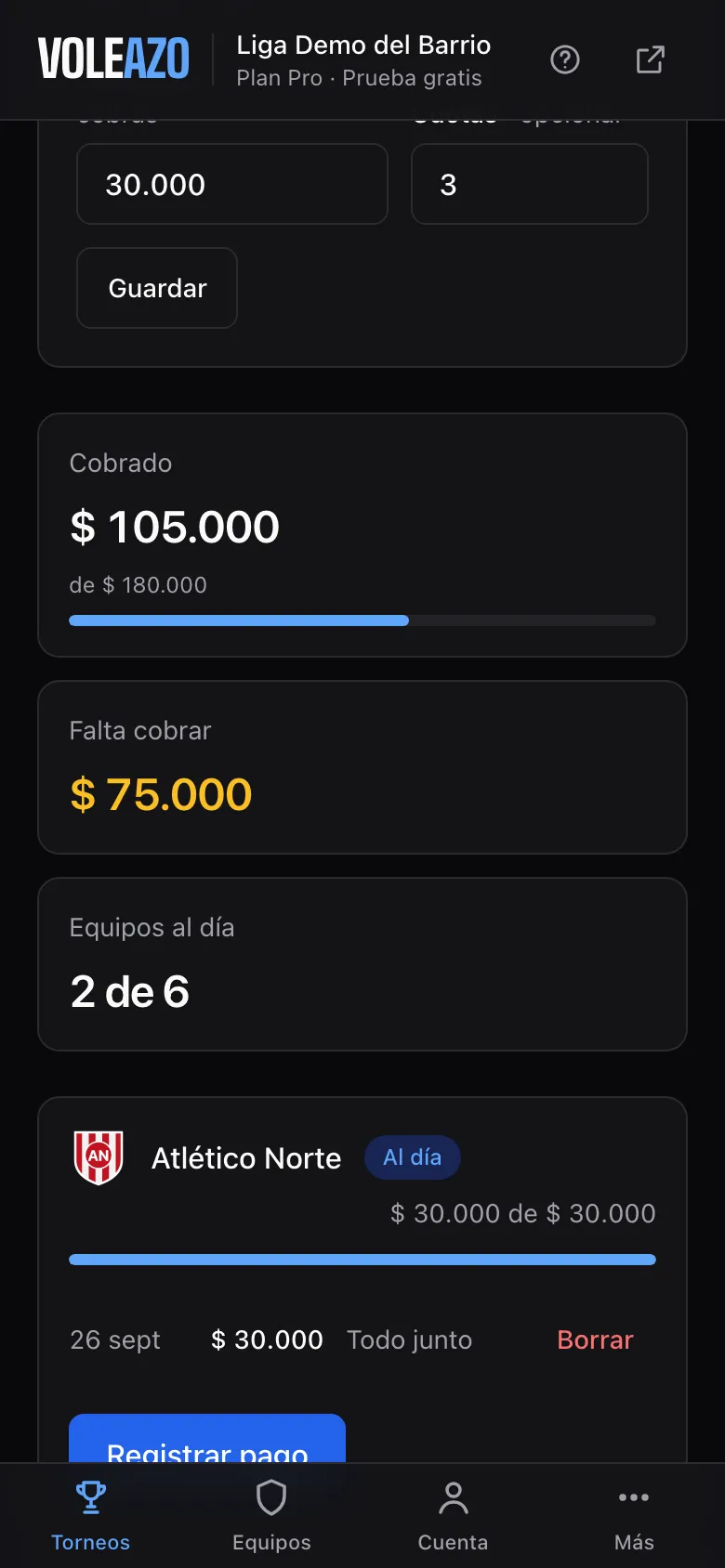 Los pagos de la inscripción por equipo