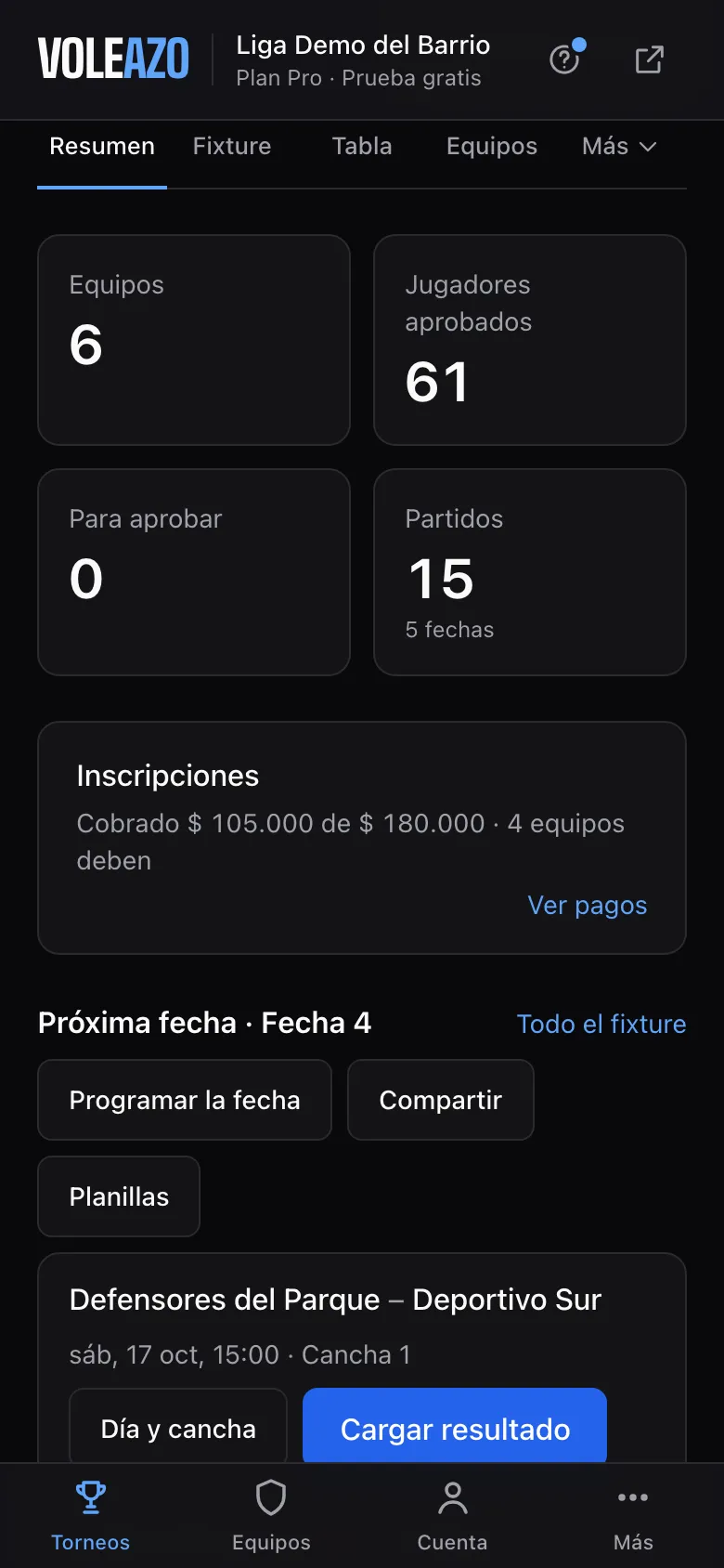 El Resumen del torneo con la próxima fecha y sus partidos